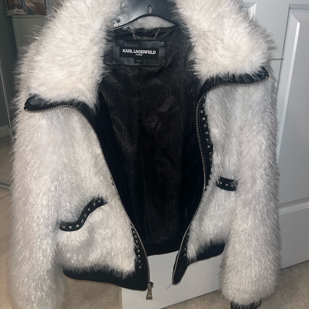 Karl Lagerfeld Shaggy Studded Faux Fur Bomber Jacket